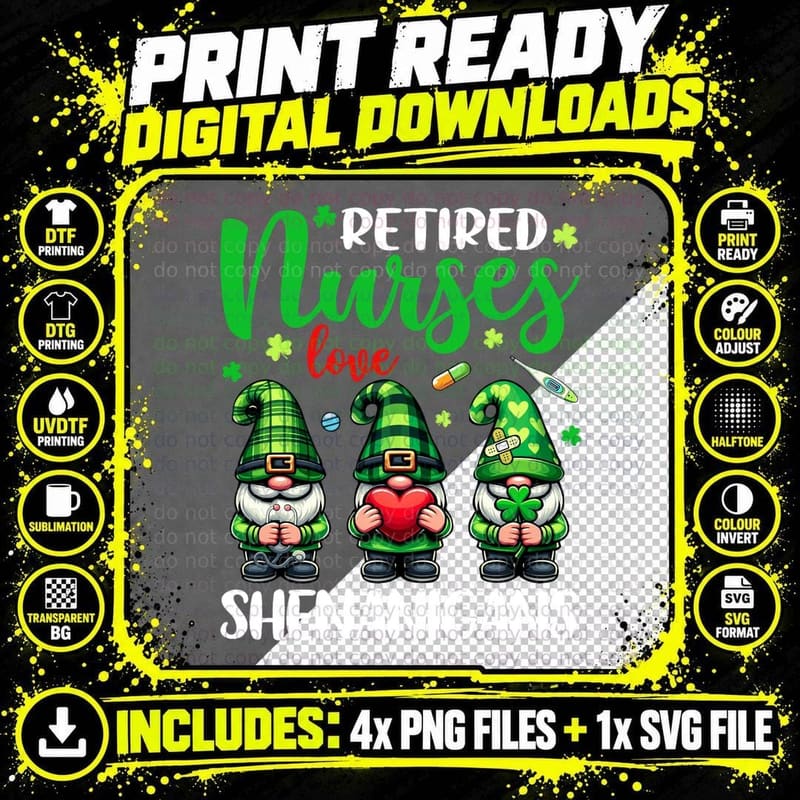 Retired Nurse Love Shenanigans Cute Gnomes St Patricks Png SVG Digital Bundle