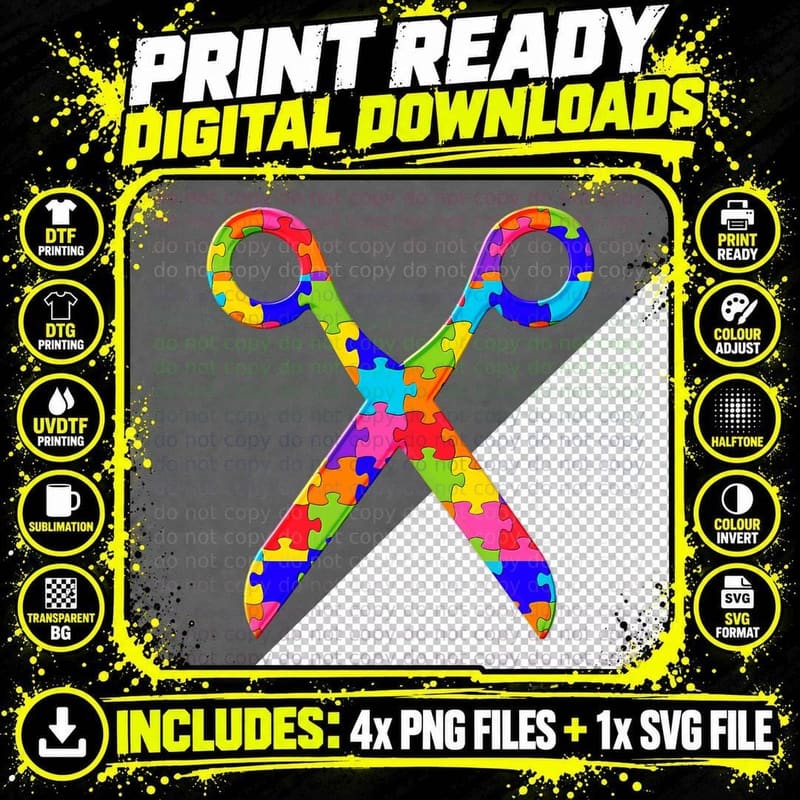 Scissors Barber Sewing Knitting Puzzle Autism Puzzle Png SVG Digital Bundle