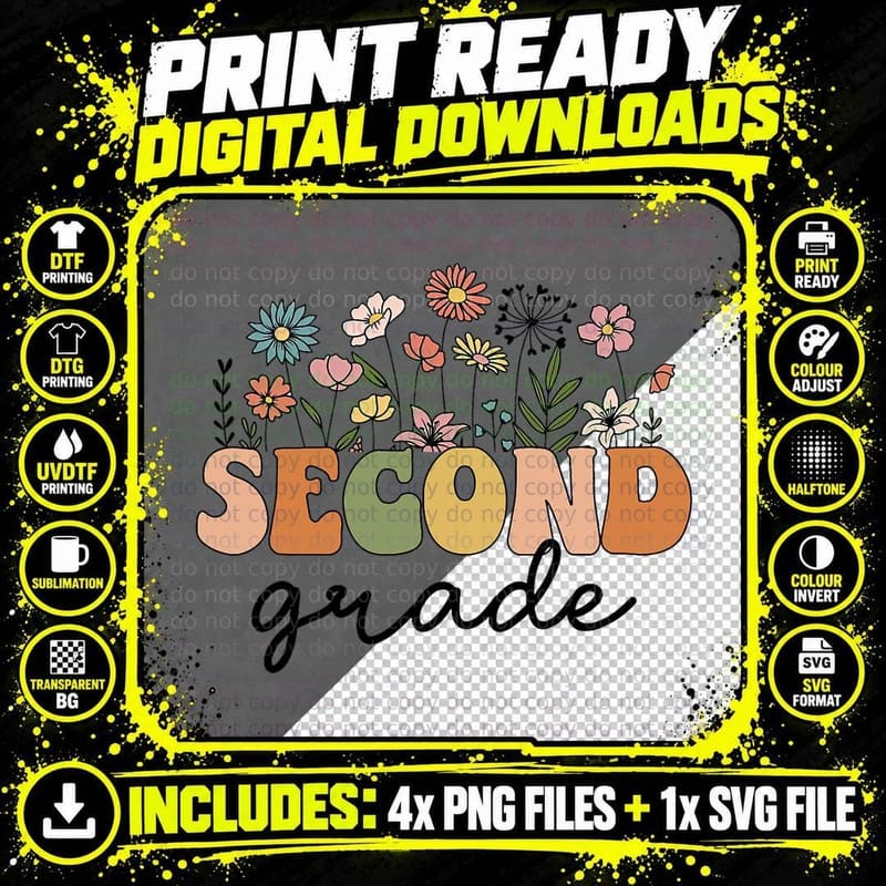 Second Grade Teacher Wildflower Back to School Floral Png SVG Digital Bundle