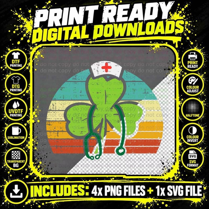Shamrock Nurse Stethoscope Retro St Patricks Day Nurses Png SVG Digital Bundle