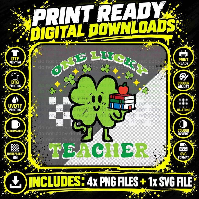 St Patrick Day Shamrock One Lucky Teacher Retro Saint Png SVG Digital Bundle