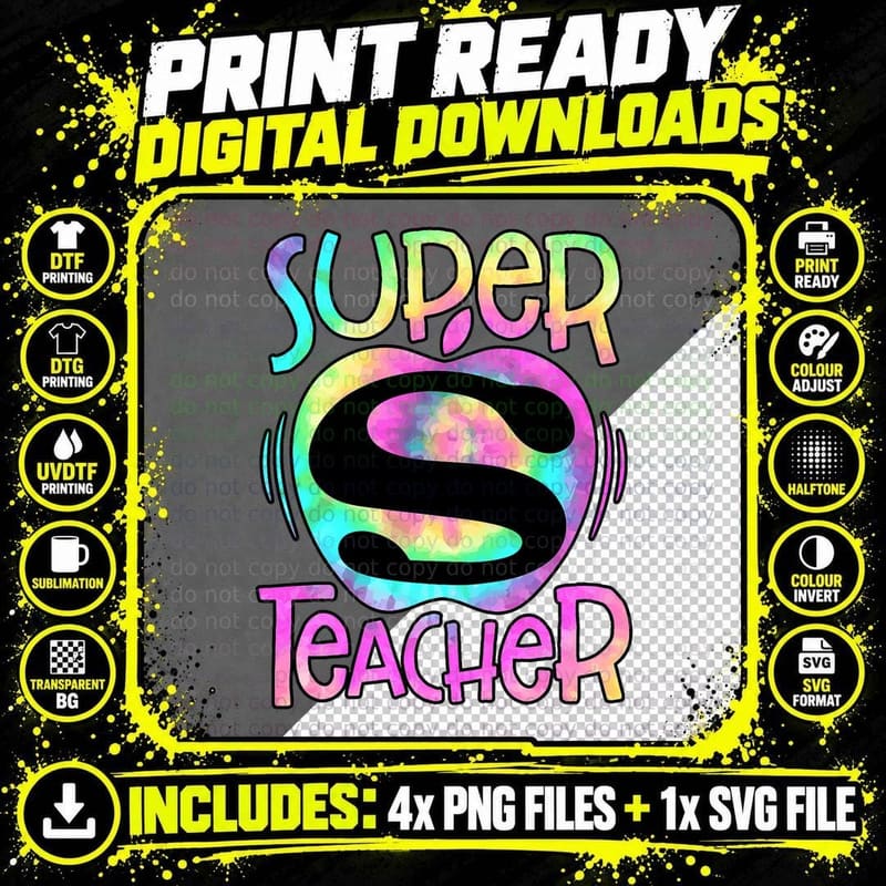 Super Teacher Back to School Apple Tie Dye Funny First Png SVG Digital Bundle