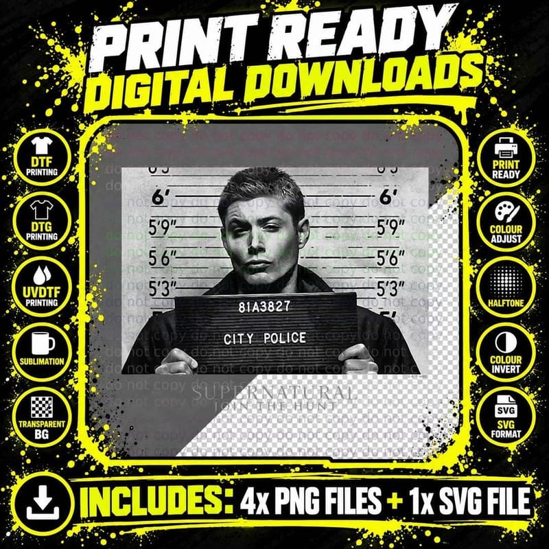 Supernatural Dean Winchester City Police Mugshot Png SVG Digital Bundle