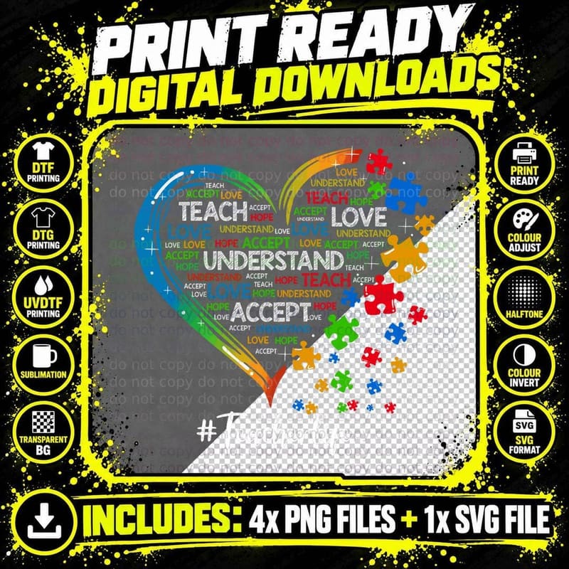 Teach Accept Understand Love Teacher Heart Autism Png SVG Digital Bundle