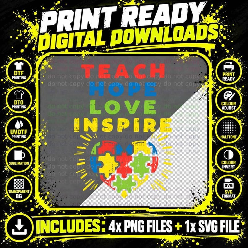 Teach Hope Love Inspire Heart Teacher Autism Awareness Png SVG Digital Bundle
