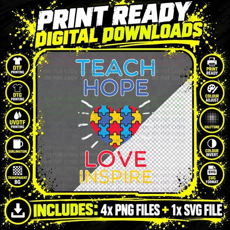 Teach Hope Love Inspire Teacher Autism Awareness Men Png SVG Digital Bundle