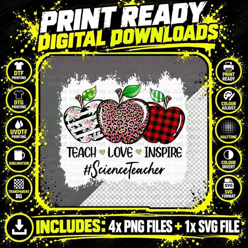 Teach Love Inspire Science Teacher Apple Leopard Red Png SVG Digital Bundle
