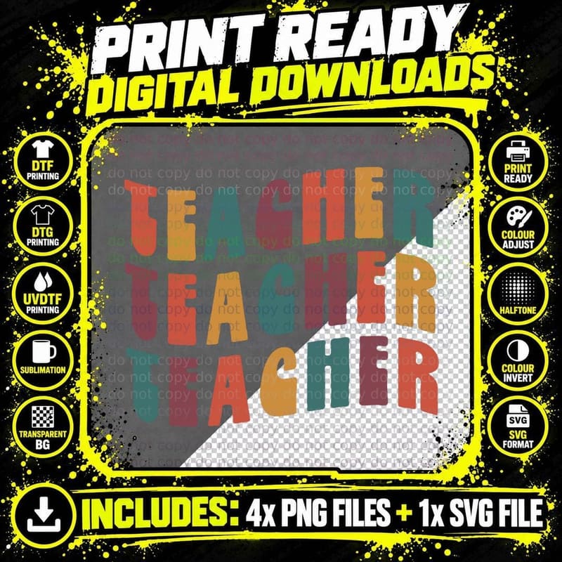 Teacher Groovy Retro Colorful Design Teaching T-Shirt Png SVG Digital Bundle