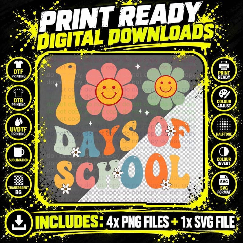 Teacher Kids Retro Groovy 100 Days Happy 100th Day of Png SVG Digital Bundle
