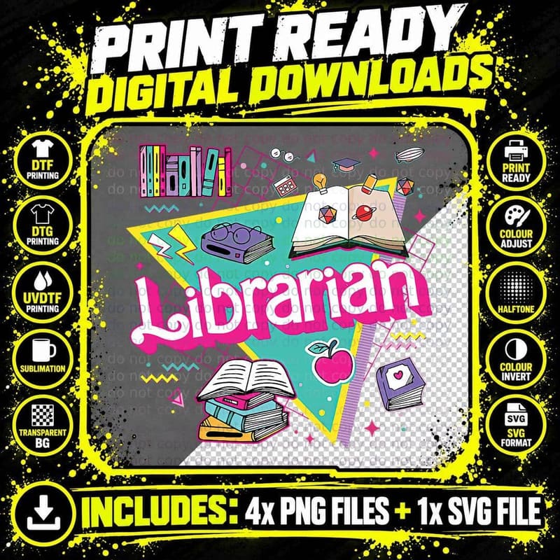 Teacher Librarian 90s Bookish Pink Doll Reading Books Png SVG Digital Bundle