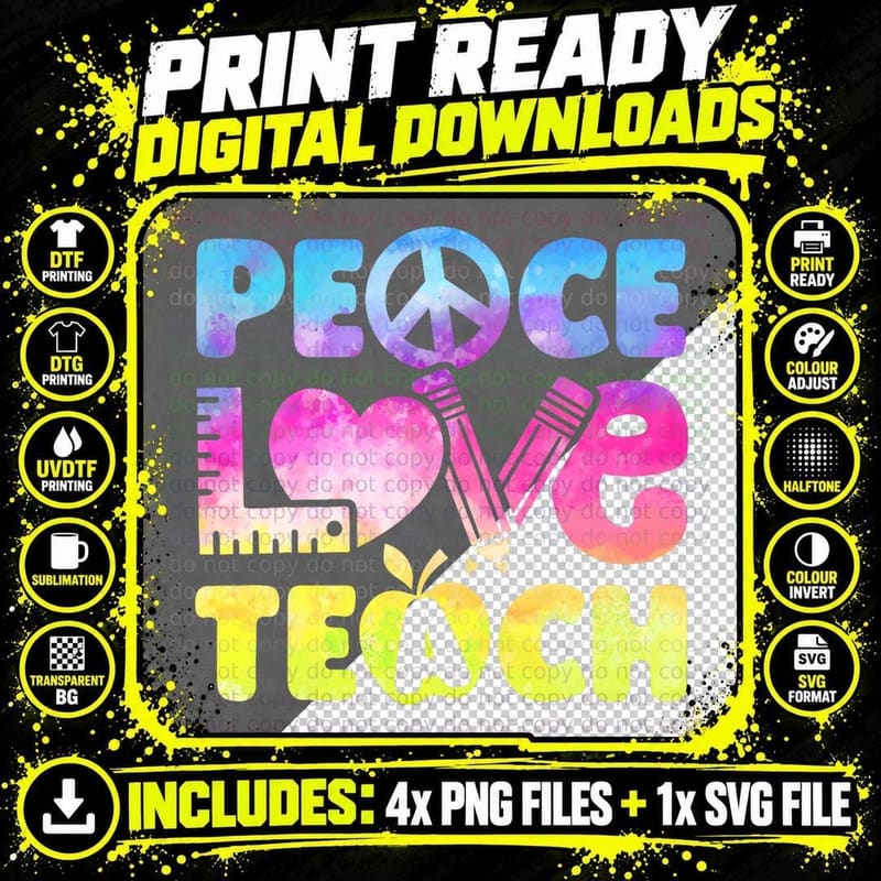 Teacher Peace Love Teach First Day Back to School Tie Png SVG Digital Bundle