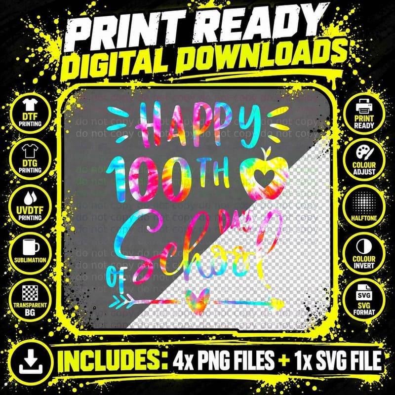 Tie Dye Happy 100th Day of School Teacher Student 100 Png SVG Digital Bundle