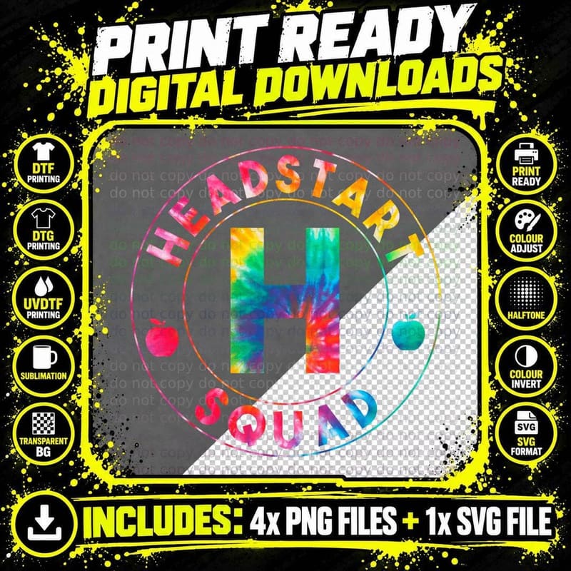 Tie Dye Hello Head Start Squad First Day of School Png SVG Digital Bundle