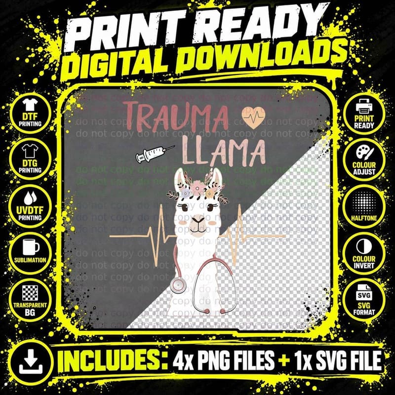 Trauma Llama Tee Nurse EMT Paramedic Nursing Alpaca Gift Png SVG Digital Bundle