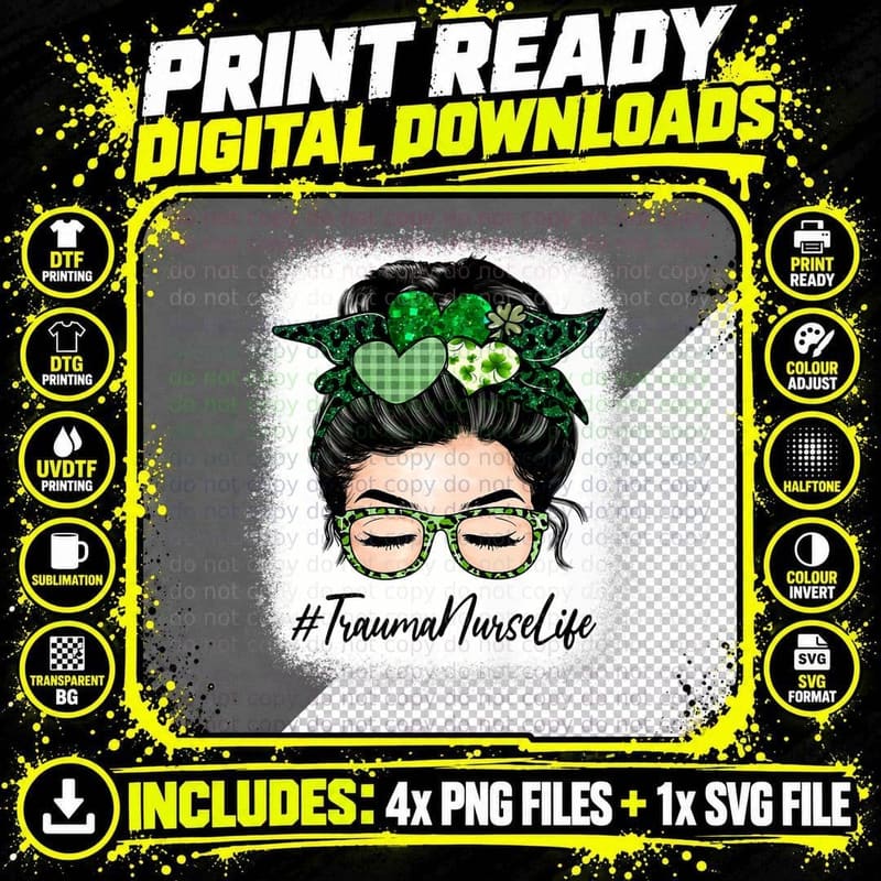 Trauma Nurse Women Messy Bun St Patrick's Day Shamrock Png SVG Digital Bundle