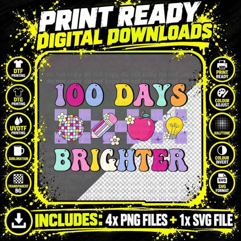 100 Days Brighter Retro Disco 100th Day of School Png SVG Digital Bundle