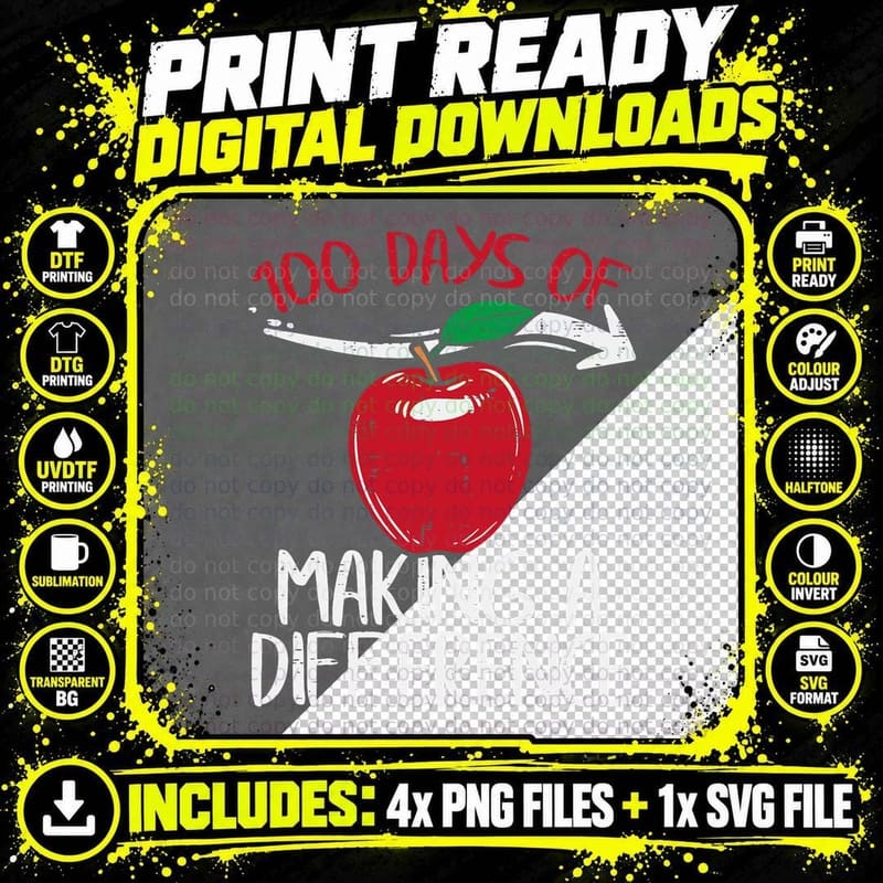 100 Days of Difference Apple 100th Day School Teacher Png SVG Digital Bundle
