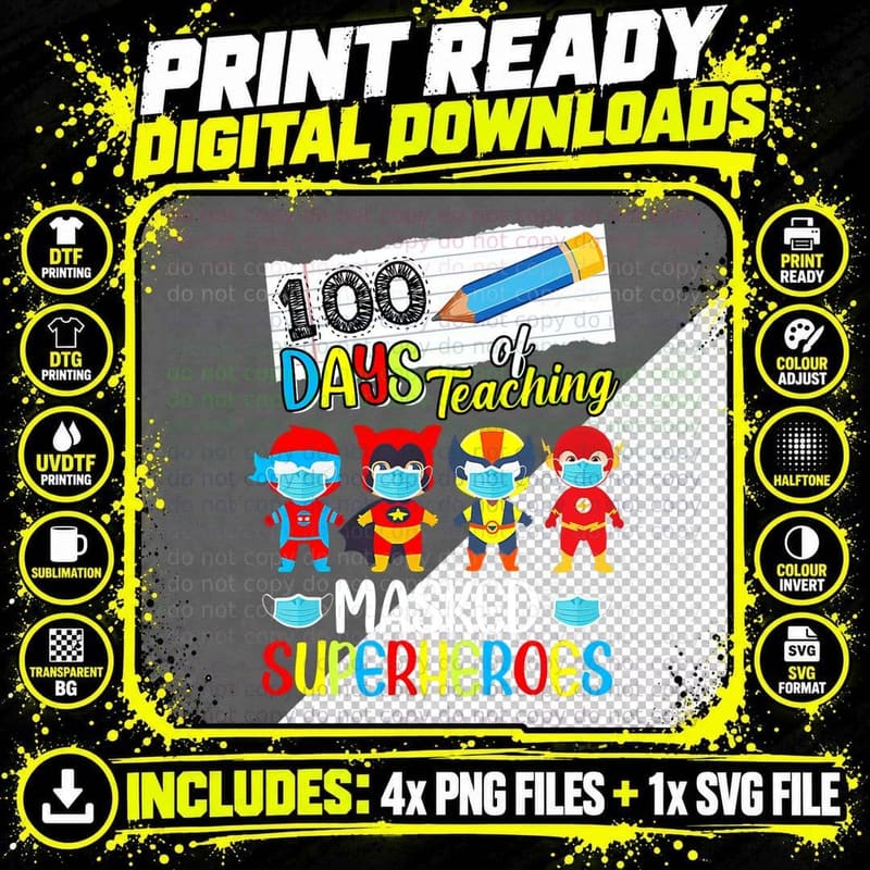 100 Days of Teaching Masked Superheroes Virtual Teacher Png SVG Digital Bundle