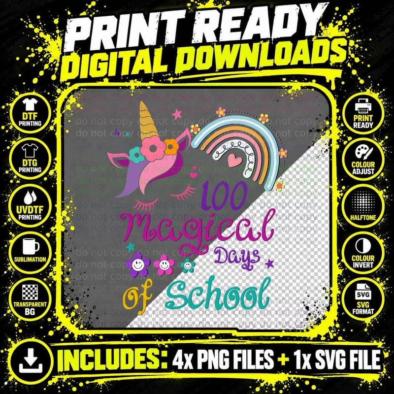 100 Magical Days of School Rainbow Teacher Unicorn Girls Png SVG Digital Bundle