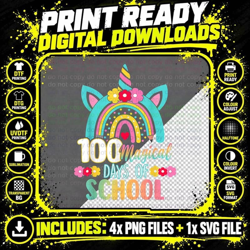 100 Magical Days of School Unicorn Rainbow Teacher Png SVG Digital Bundle