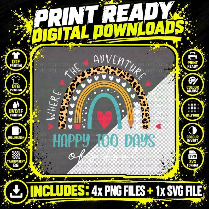 100th Day of School Teacher 100 Days Rainbow Leopard Png SVG Digital Bundle