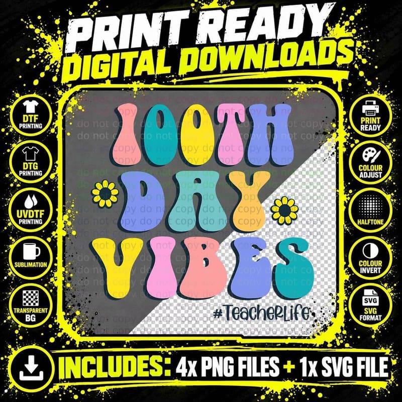 100th Day of School Vibes Retro Teacher Happy 100 Days Png SVG Digital Bundle