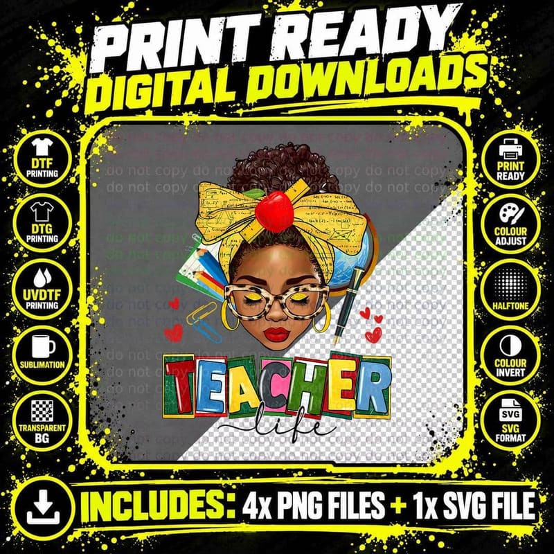 African American Black Teacher Life Messy Bun Afro Png SVG Digital Bundle