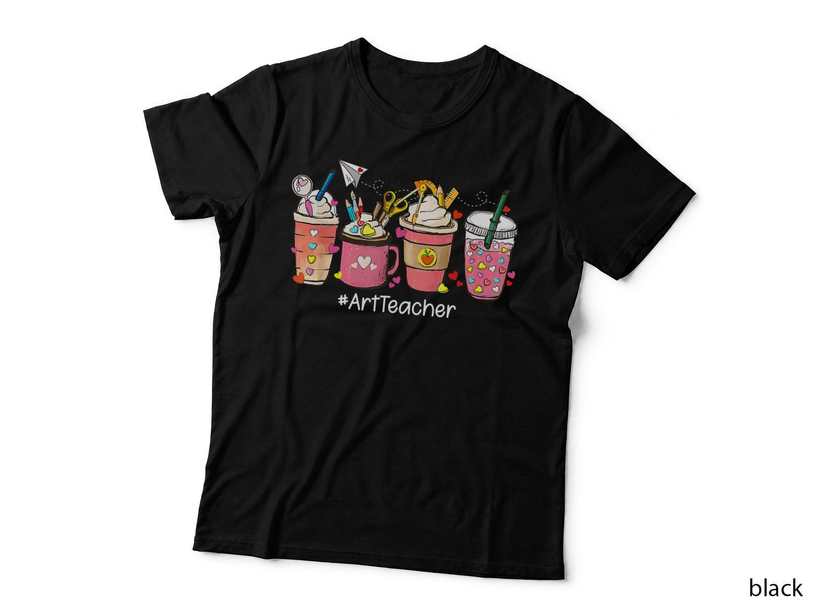 Art Teacher Latte Coffee T-Shirt, Cute Cups with School Supplies, Hearts