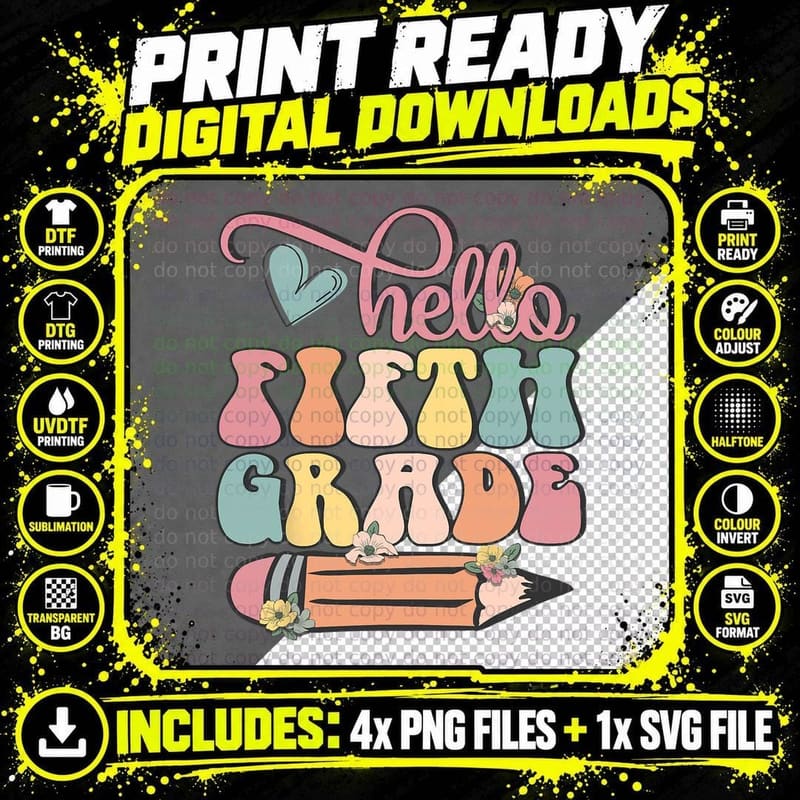 Back to School Hello Fifth Grade Retro Teacher Women Png SVG Digital Bundle