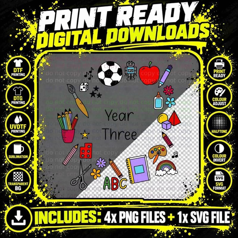 Back to School Year Three Student Teacher Supplies Png SVG Digital Bundle