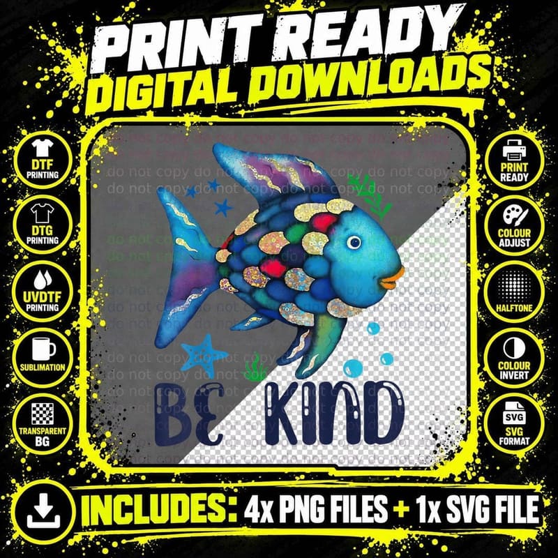 Be Kind Rainbow Fish T-Shirt, Watercolor Scales Sea Png SVG Digital Bundle