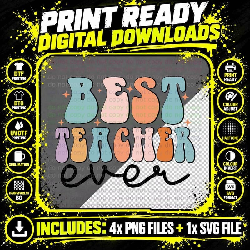 Best Teacher Ever T-Shirt, Retro Pastel Bubble Letters Png SVG Digital Bundle