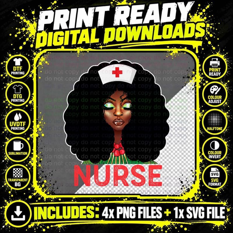 Black Nurse - Afro Nurse African American Melanin Png SVG Digital Bundle