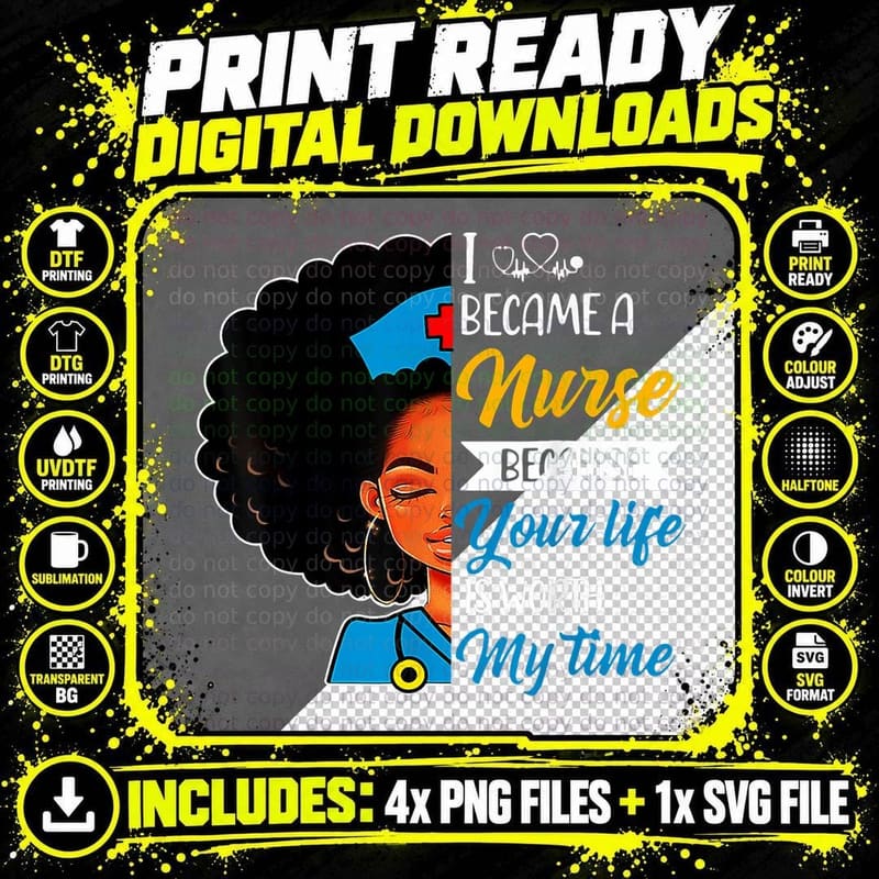 Black Woman Nurse Afro Cool Black History Month Png SVG Digital Bundle