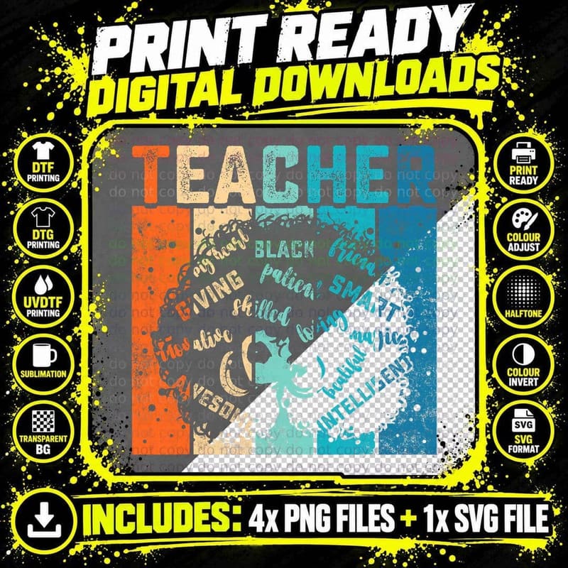 Black Woman Teacher Afro Retro Black History Month Png SVG Digital Bundle