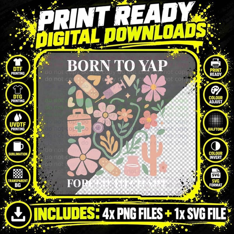 Boho Floral Born to Yap Forced to Chart Registered Nurse Png SVG Digital Bundle