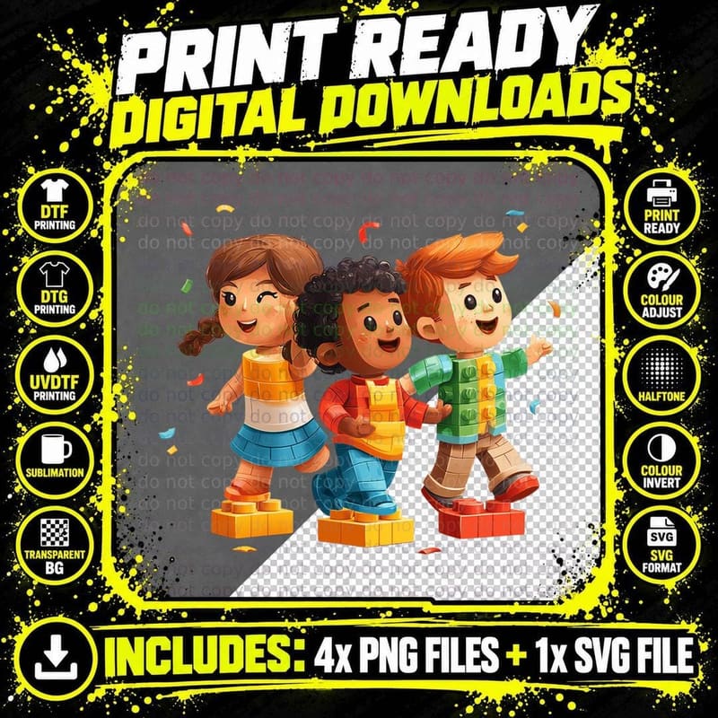 Building Blocks Friends Kids Running Confetti Birthday Png SVG Digital Bundle