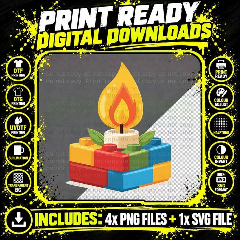 Building Bricks Birthday Candle Colorful Block Builder Png SVG Digital Bundle