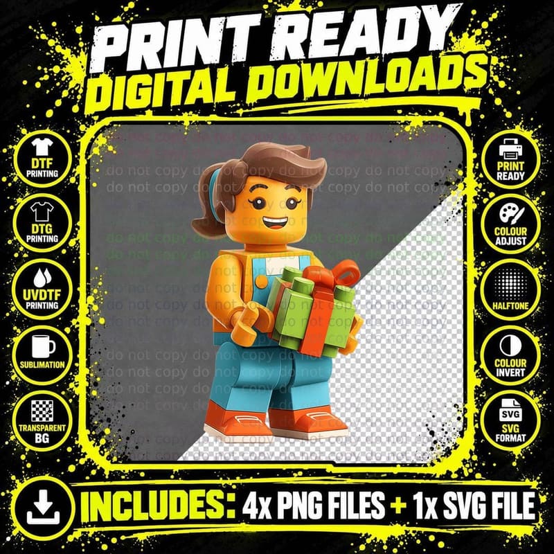 Buildng Block Mini-Figure Girl Holding Present Birthday Png SVG Digital Bundle