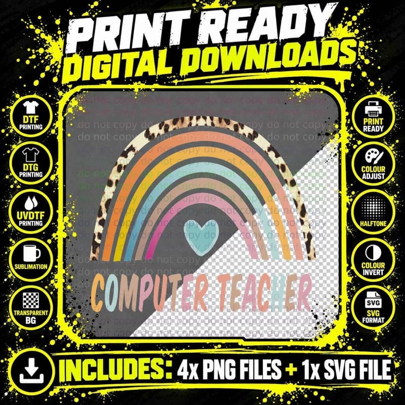 Computer Teacher Rainbow Leopard Back to School T-Shirt Png SVG Digital Bundle
