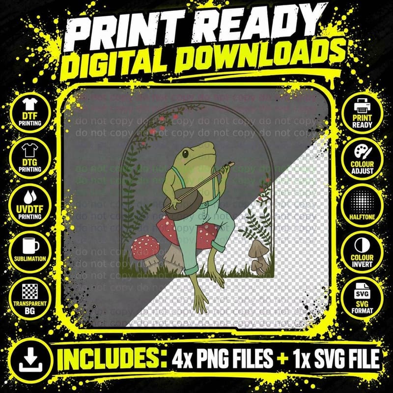 Cottagecore Aesthetic Frog, Playing Banjo on Mushroom Png SVG Digital Bundle