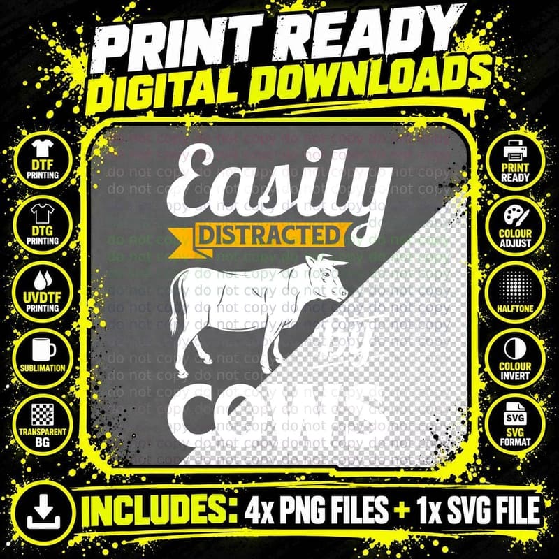 Easily Distracted by Cows, Vintage Farm Cattle Png SVG Digital Bundle