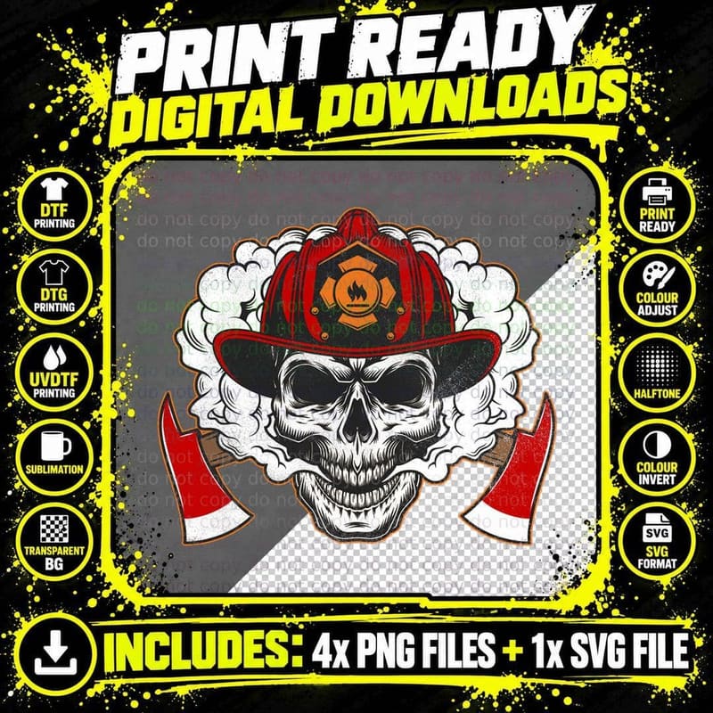 Firefighter Skull T-Shirt, Gothic Fireman Aesthetic Png SVG Digital Bundle