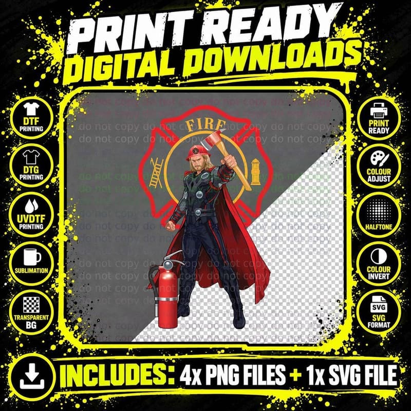 Firefighter Thor T-Shirt, Comic Superhero Design Png SVG Digital Bundle