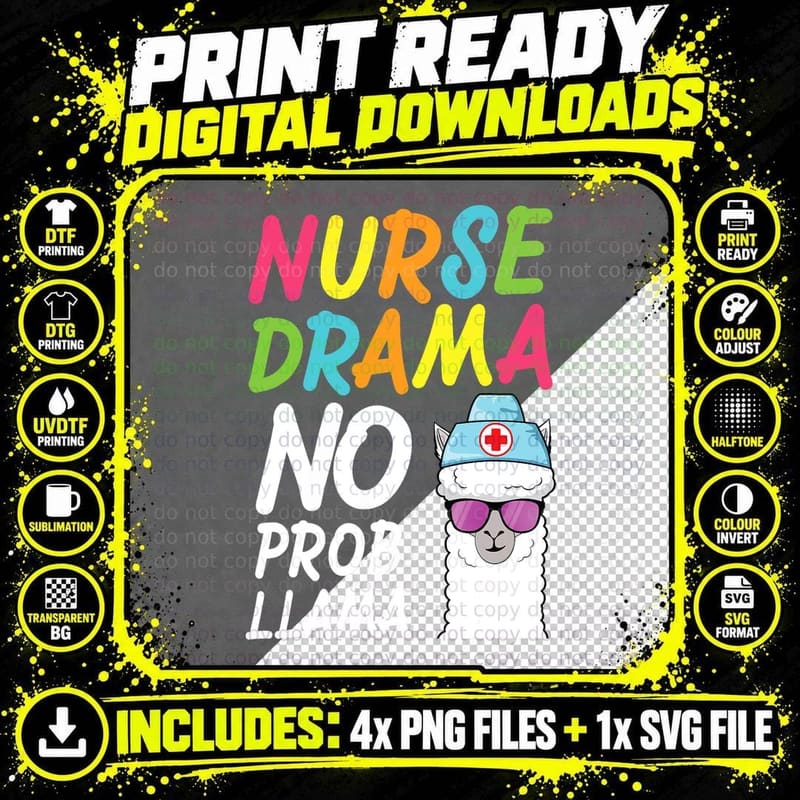 Funny Nurse Shirt Llama Alpaca No Probllama T-Shirt Png SVG Digital Bundle