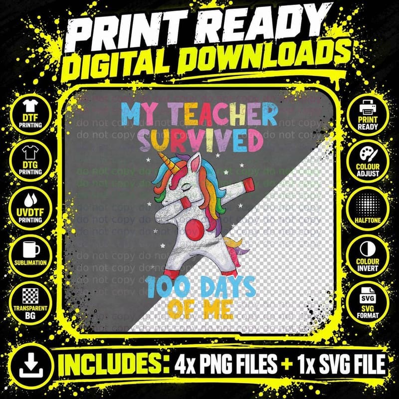 Funny Unicorn My Teacher Survived 100 Days of Me T-Shirt Png SVG Digital Bundle