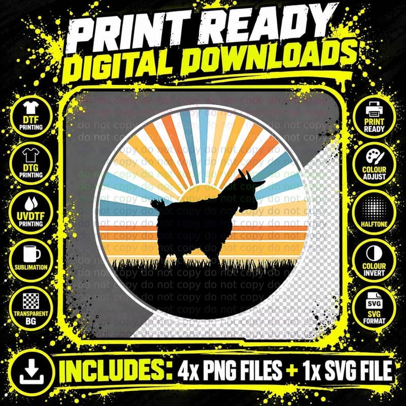 Goat - Sunset Retro Animal Wildlife Zoo Farm Farmer Png SVG Digital Bundle