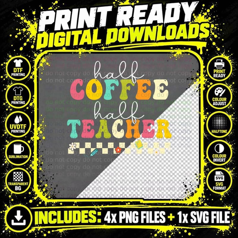 Groovy Half Coffee Half Teacher Checkered Back to School Png SVG Digital Bundle