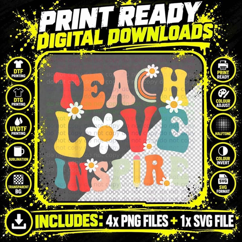 Groovy Retro Teach Love Inspire Back to School Teacher Png SVG Digital Bundle