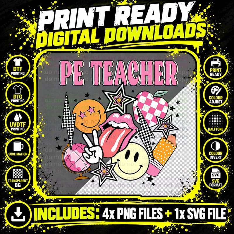 Groovy Smile Face Stars Pe Teacher First Day Back to Png SVG Digital Bundle
